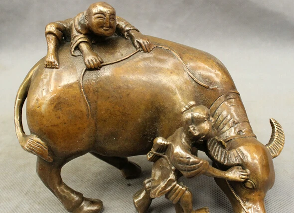 

JP S0114 Lucky Chinese Bronze Copper Fengshui Zodiac Bull Oxen Kid Boy Statue Sculpture Discount 35%