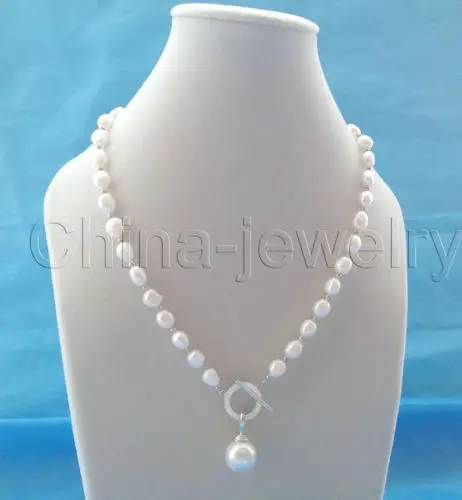 

Free shipping >>>>>>9-11mm white baroque freshwater pearl necklace -14mm shell pearl pendant