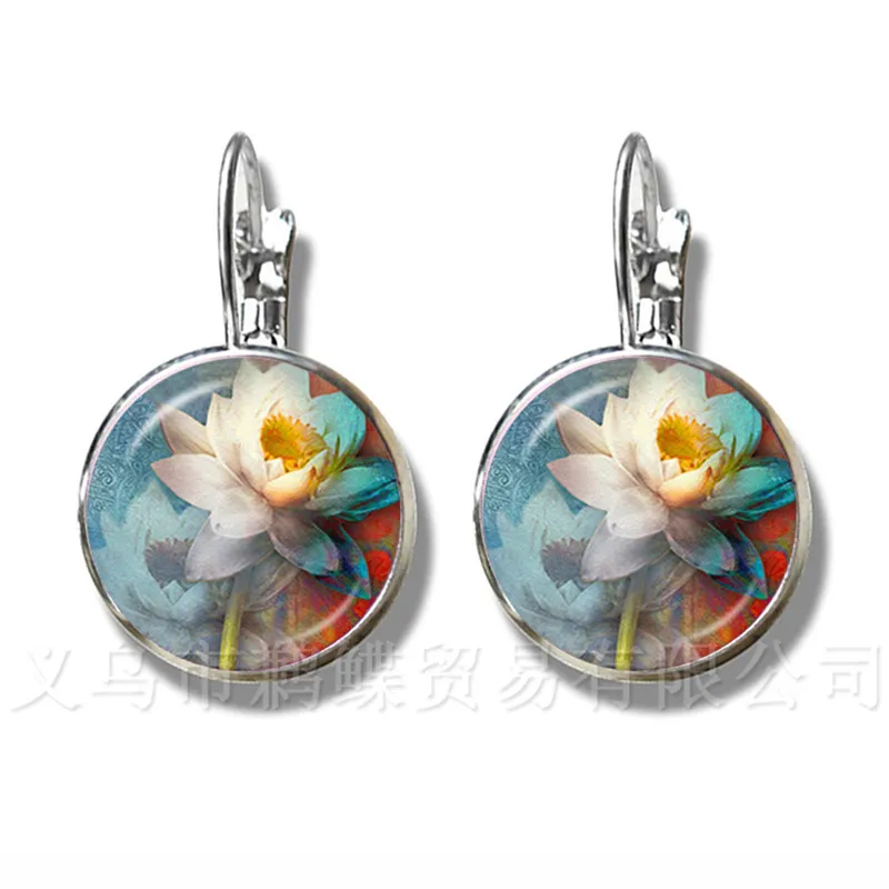 1pc OM Yoga Jewelry Earrings OM Symbol Buddhism Zen Unique Mandala Flower 16mm Glass Dome Henna Silver Plated Stud Earrings