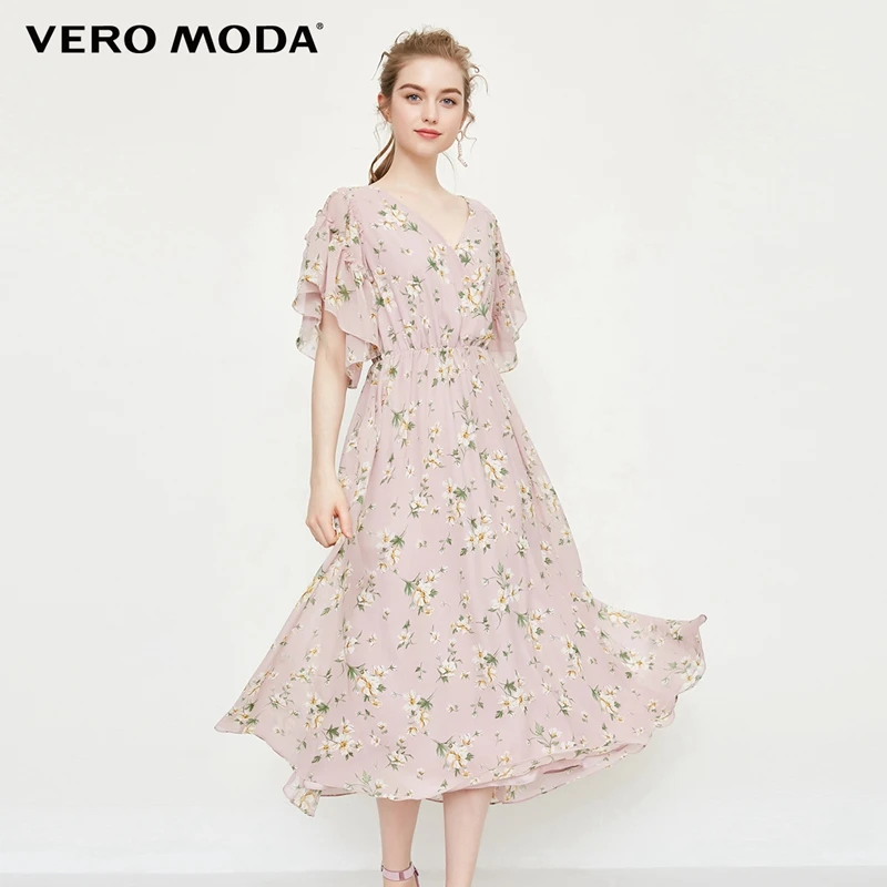 

Vero Moda summer lotus leaf flare sleeve pattern dress |31827B542