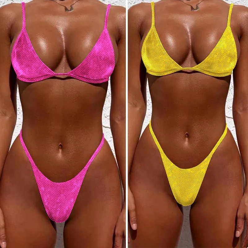 

Sexy Silver Bikini Female Triangle Bikini Set 2019 High Cut Swimsuit Push Up Swimwear Women Biquinis Neon Bathing Suit New