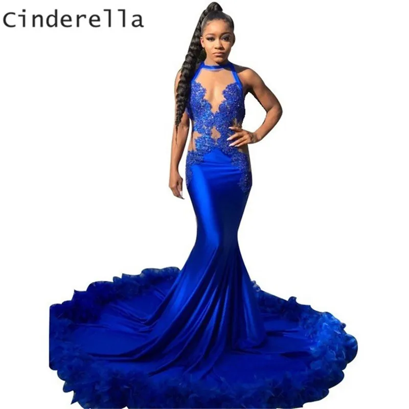 

Cinderella Royal Blue Halter Sleeveless Court Train Mermaid Lace Applique Silk Satin Prom Dresses With Feather Mermaid Prom Gown