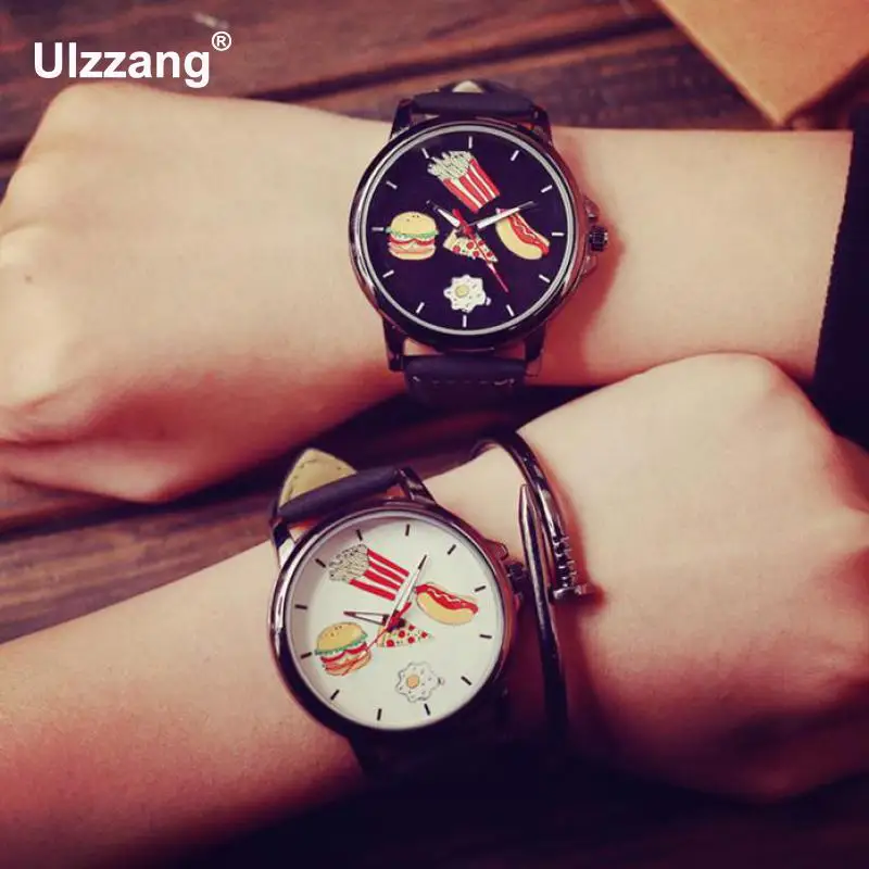 

Cute Fashion Hamburger Pizza Chips Steel Shell PU Leather Quartz Analog Women Ladies' Girls' Wristwatch Watch Black