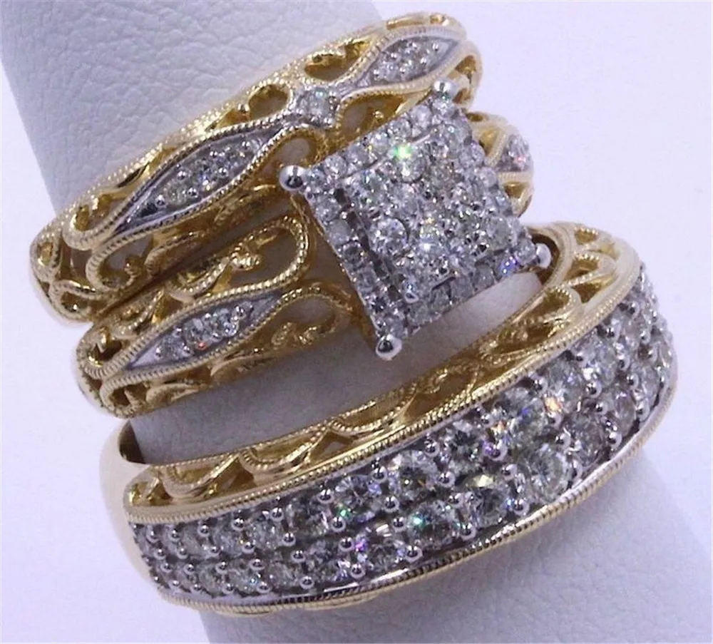 Роскошные новые 3 шт/набор колец набор золотого цвета многослойный кубический цирконий; для помолвки обручальное кольцо ювелирные изделия высокого качества