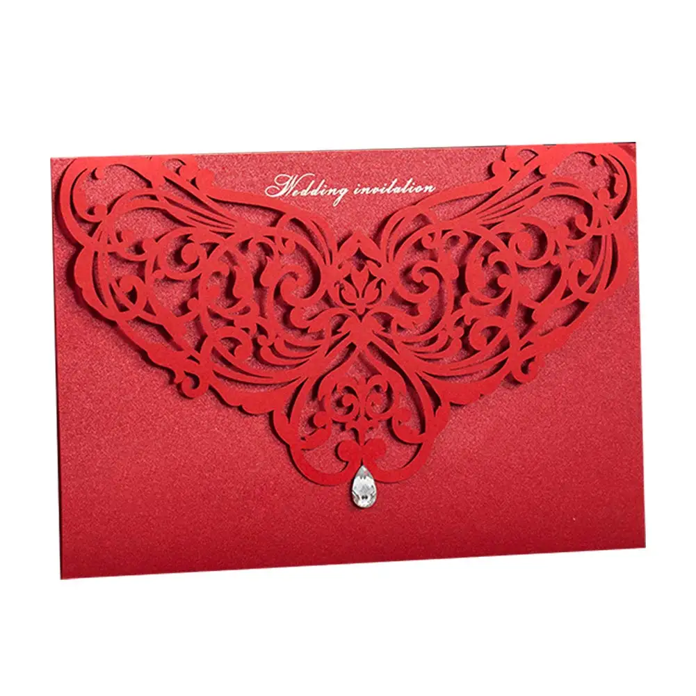  20Pcs Red & White Laser Cut Wedding Invites Set Blank Invitation Pocket with Envelope for Wedding E - 32989349784
