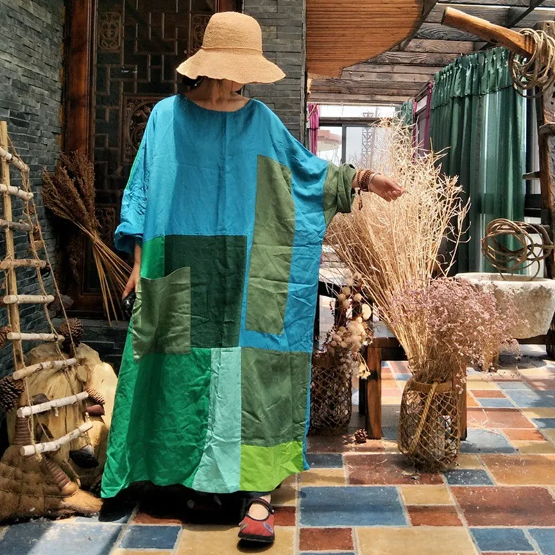 

Johnature New 2019 Autumn Linen Loose Dresses O-Neck Full Sleeve Patchwork Hit Color Gray Green Women Ankle-Length Dresses