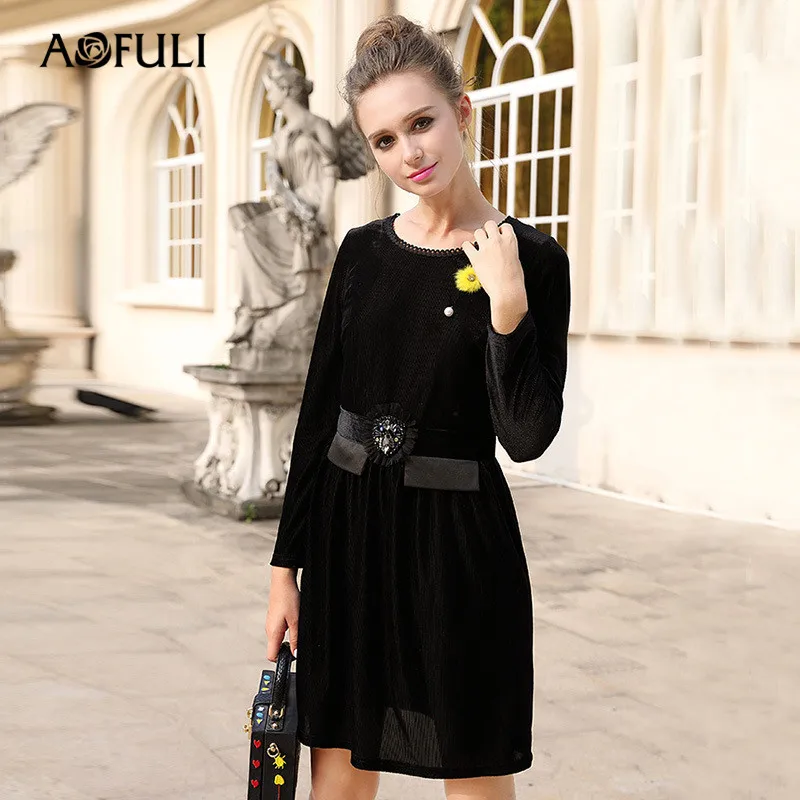 

AOFULI L- 3XL 4XL 5XL Plus size dress 2017 Autumn Winter Women Long sleeve Diamond Slim Waist short Black Velvet Dresses