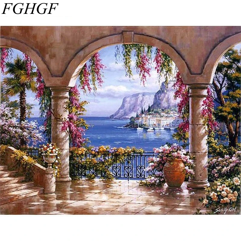 FGHGF Frameless Romantic Harbor DIY Painting By Numbers Home Wall Decor Hand Painted Europe Oil On | Дом и сад