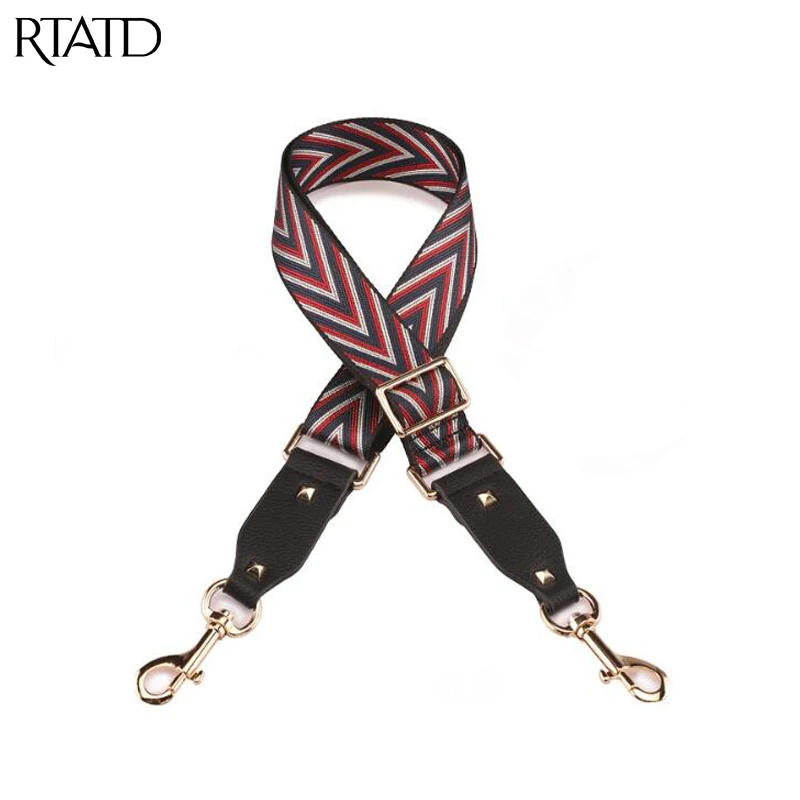 RTATD New Handbags Strap Striped Design Panelled Gold Buckle Canvas Bag