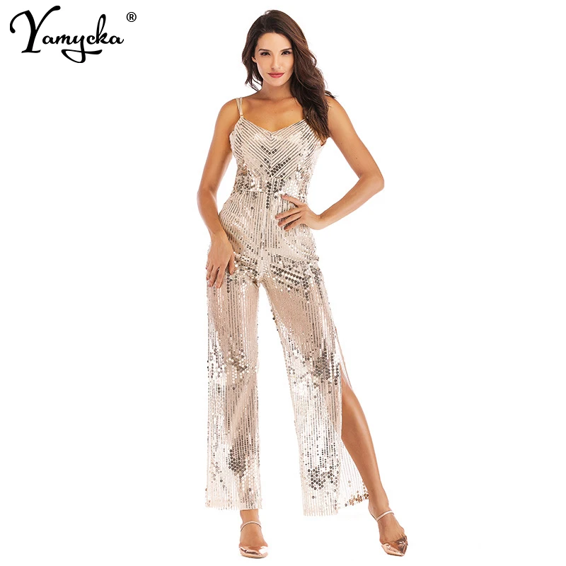 2018 Summer Silvery Sequin Bodysuit Women V-neck Backless Macacao Feminino Sexy Spaghetti Strap Forking Overalls Party Jumpsuit