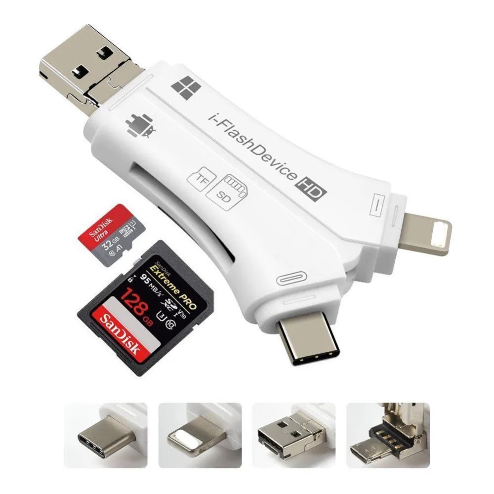 4 в 1 i флеш накопитель USB Micro SD и TF кардридер адаптер для iPhone pro 11 X max 5 6 7 8 iPad Macbook Android