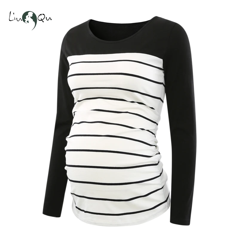 Long Sleeve Pregnancy Blouse Side Ruched Maternity Clothes Striped