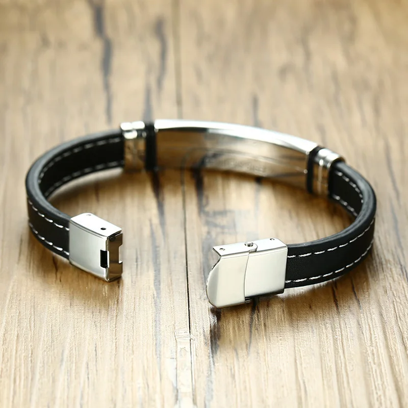 Men Black Leather Medical Alert Bracelet with Carving Disease leather bracelet medical alert bracelet