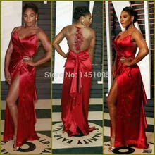 2015 neue Mode Mantel V-ausschnitt Satin Falten Seitenschlitz Red teppich Kleider Plus Size Abendkleider Rot Prom Kleider Mit Perlen