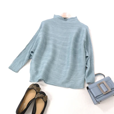 Fog blue Шелковая скользкая ткань miyake женская нижняя рубашка со складками с воротником средней высоты сложенная футболка большого размера - Цвет: Fog blue