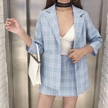 

2019 New Feminine Temperament Jacket Plaid High Waist Half-length Trousers, Long Sleeve Loose Suit Jacket Two-piece