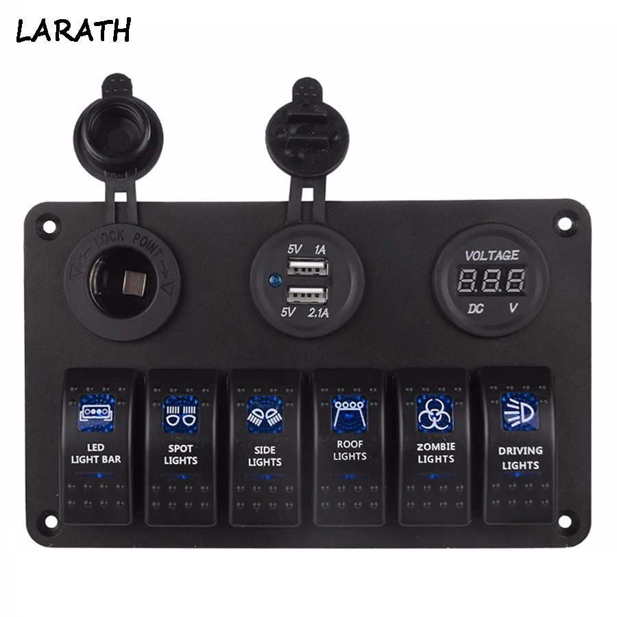 12V 24V 6 Gang 5 Pin LED Rocker Switch Panel Circuit Breaker Charger