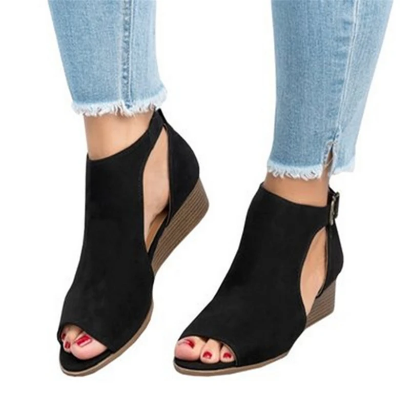 

2018 New Summer Women Suede With Buckle Peep Toe Ankle Strap Mujer Wedges Thong Sandals Shoes Plus Size 35-43