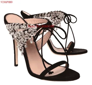 

Summer Open Toe 12cm heels Women Sexy Hot Pink/Black/Blue Satin Crystal Stiletto Heel Sandals Slip On Lace Up Dress Party Shoes