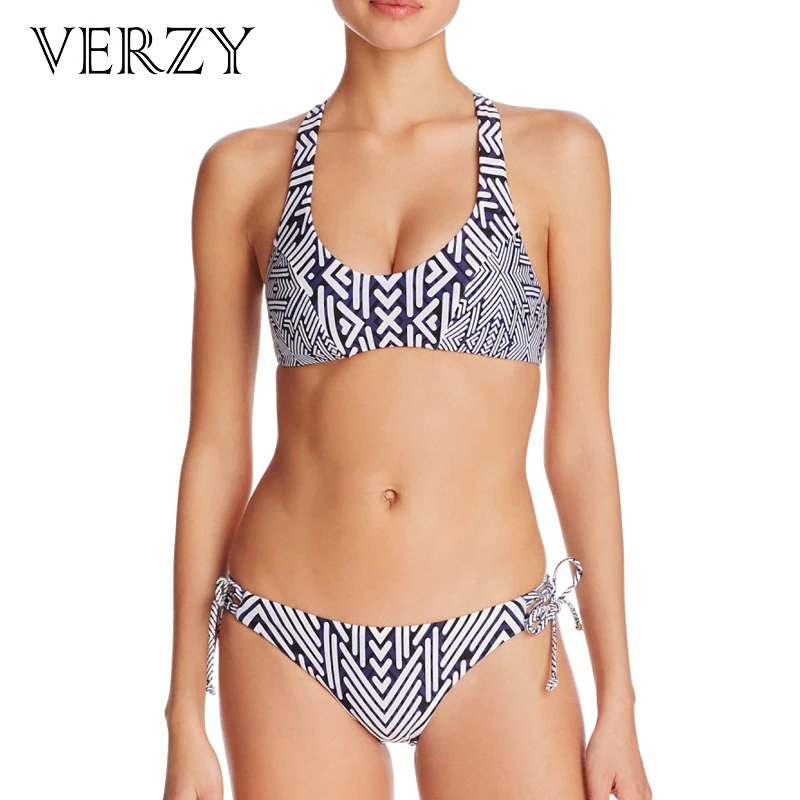 

VERZY Plus Size Widen Straps Lace Up Back Bandage Bikinis Set Geometric Fitness Wire-free Summer Beachwear Maillot de bain femme