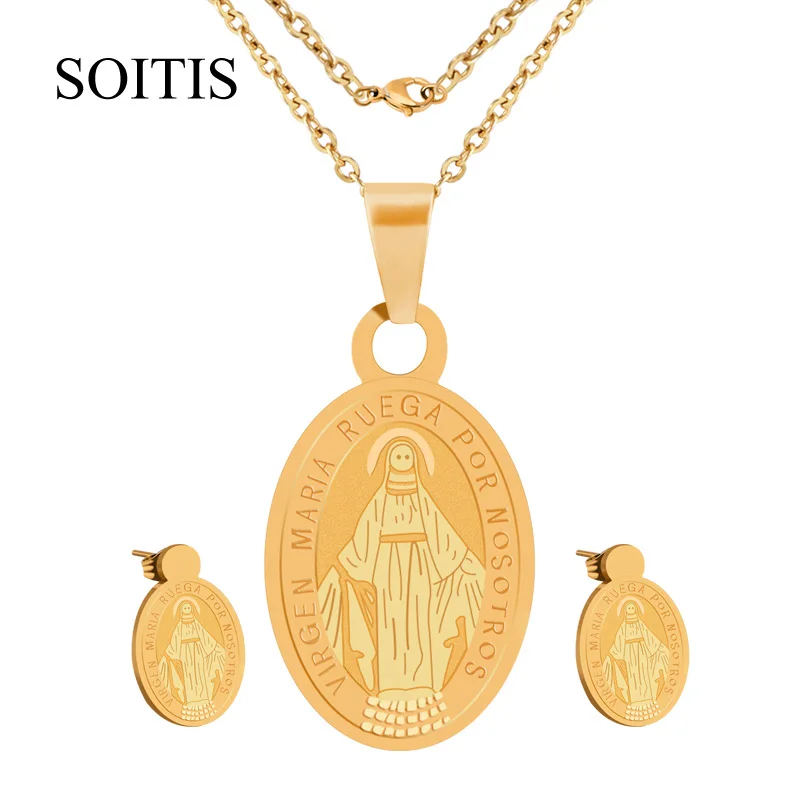 

SOITIS Trendy Women Religious Earrings Necklace Jewelry Set Virgem Maria Stainless Steel Statement Jewelry Accessories