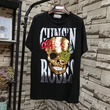 Новое поступление блестки череп футболка с коротким рукавом Топ, Женская Bling улица череп футболка