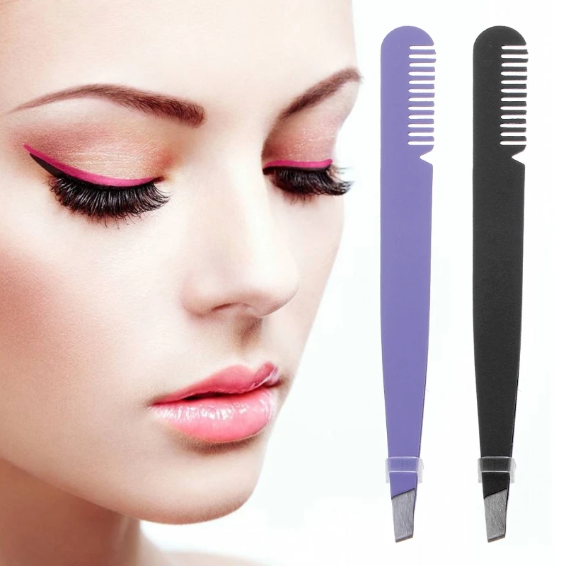 1pc Stainless Steel Eyebrow Hair Removal Tweezers With Comb Makeup Tool