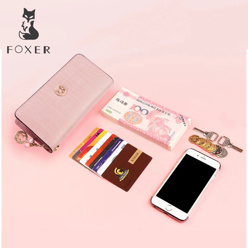 FOXER брендовый женский кошелек из коровьей кожи, простые Кошельки для монет, модные длинные кошельки на молнии, женский клатч