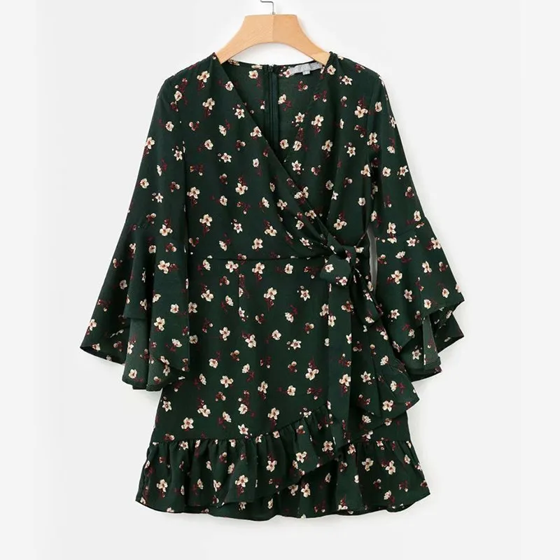 yinlinhe White Floral Autumn Dress Long Flare Sleeve Slim Waist Women Wrap Dress Bow Tie V neck Bodycon Ruffles Vestido 12