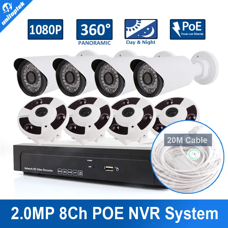 

Unitoptek 8CH 1080P NVR Kit With 4PCS 2MP Outdoor IP Camera 4PCS Fisheye Camera System Kit P2P Cloud Onvif 360 Degree View
