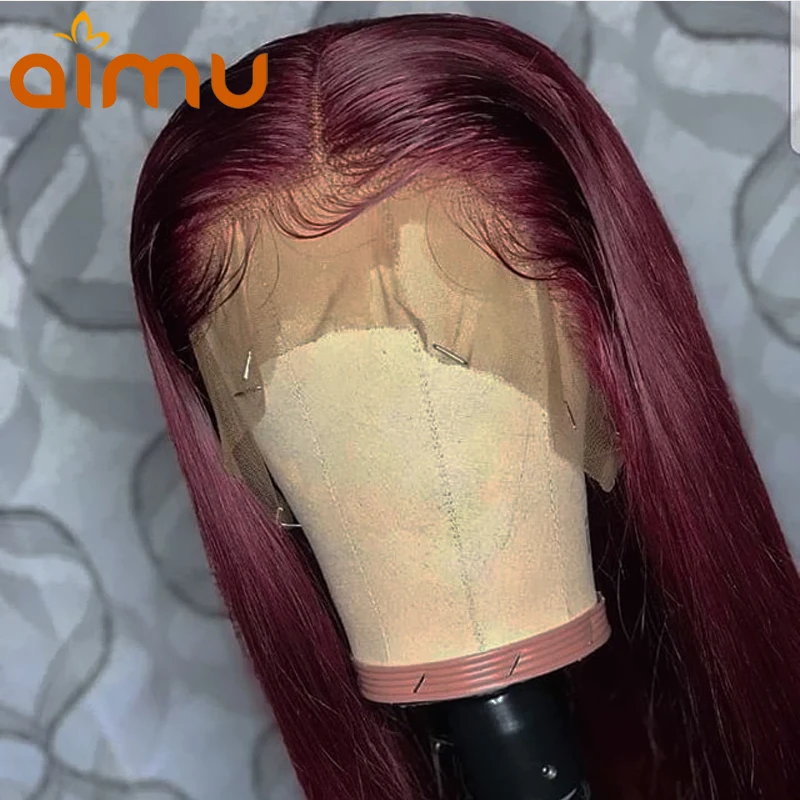 Бордового цвета, Заказные 360, фронтальная часть шнурка, настоящие человеческие волосы, парики Красного вина, окрашенные волосы 99J Remy, бразильские невидимые волосы Aimu