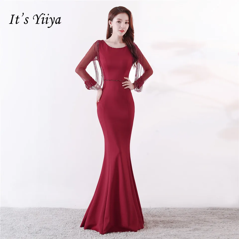 

It's Yiiya Muslim Evening dress Long sleeve Zipper back O-neck Empire Party Gowns Elegant Floor-length Beading Prom dresses C100