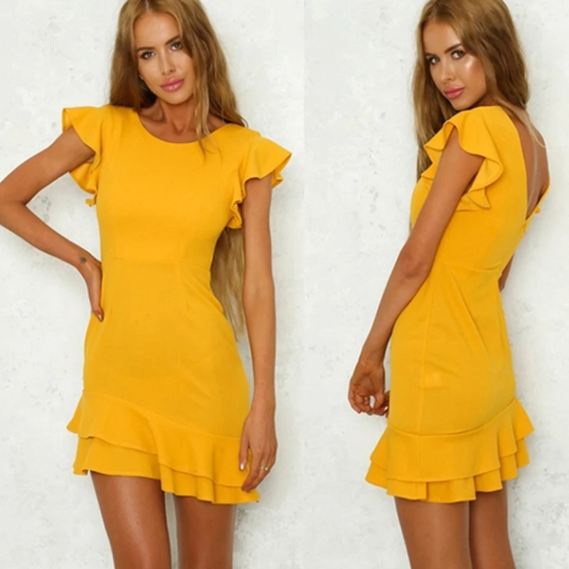 

2019 Casual Short Sleeve Ruffles Dress Vestidos Summer Women Dress Sexy O-Neck Ruffled Sleeve Solid Short Mini Dresses