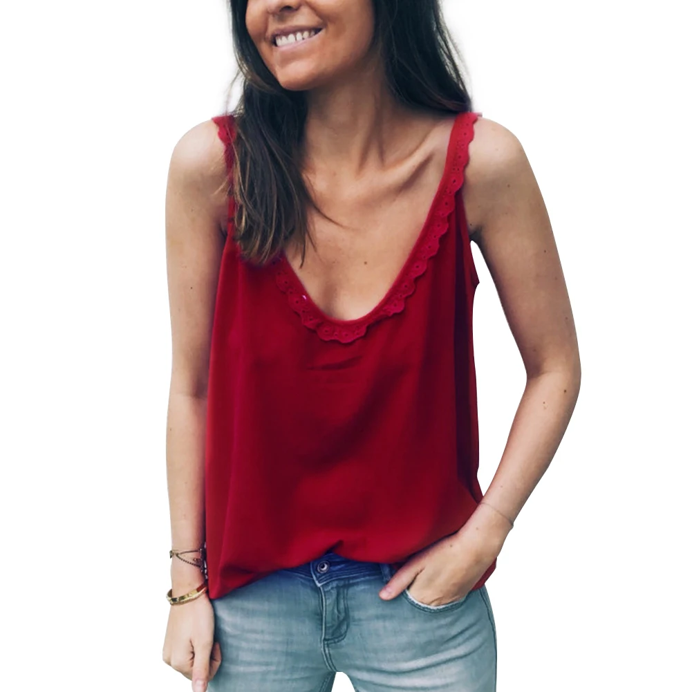 

Sleeveless Lightweight Lace T-shirt Button Top Solid Women Vest Daily Shopping Relaxed Sexy V-neck Casual Sling Blouse Summer
