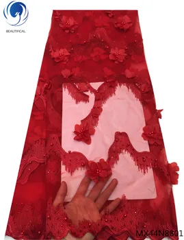 

BEAUTIFICAL 3D flower lace fabrics french tulle lace fabrics with rhinestones and beads african laces dresses 5yards/lot MX44N88