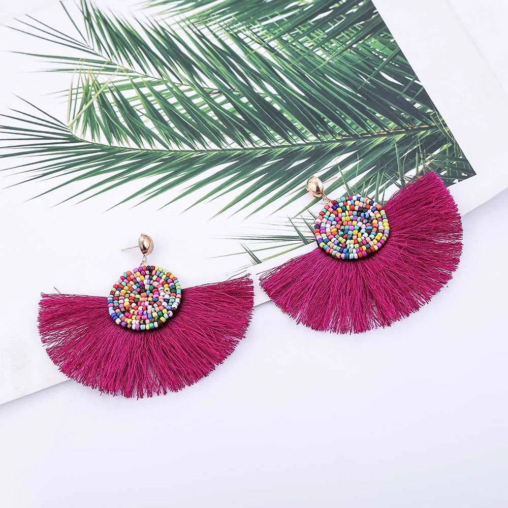 E5747 Trendy Drop Earrings WomenLongBohemianBeadsDangleExaggeratedBlueBalckMetalBohoGold Tassel Earrings 2018 Jewelry