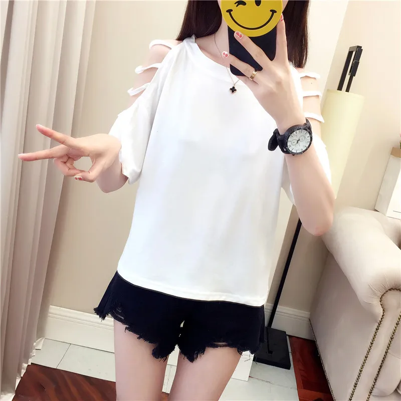 Корейский стиль, женские рубашки с дырочками, короткий рукав, harajuku размера плюс, женские топы, панк стиль, Женская Базовая футболка, Повседневная футболка с круглым вырезом
