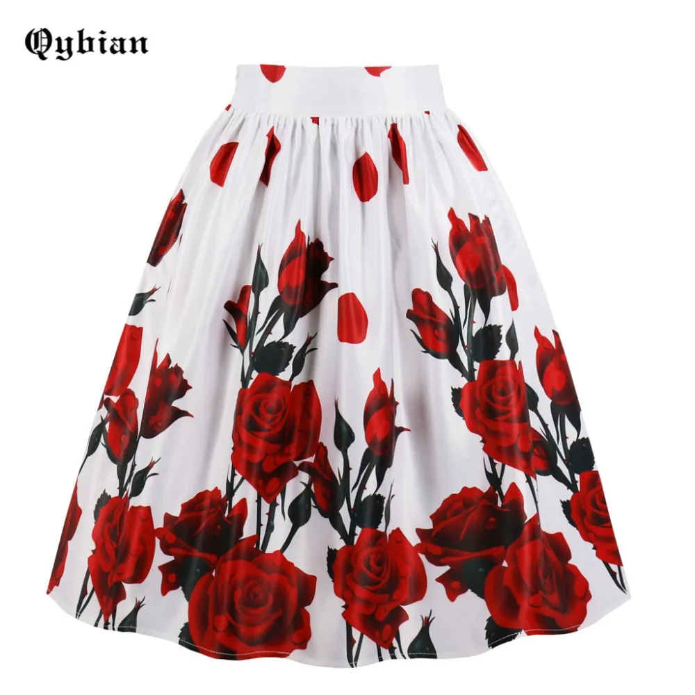Qybian Red rose Print Summer Women Skirts Zipper Casual Cotton Skirts