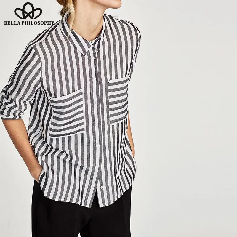 Wonder 2019 new Spring Long Sleeve Blouse Shirts Vintage Striped Female Loose Blouse Casual Street Wear Lady Pockets Shirts Tops