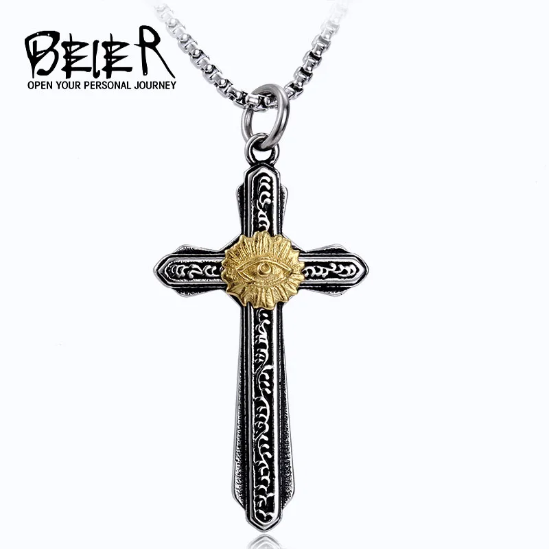 

BEIER Cool Unique God Eye Cross Horus Pendant For Man necklace Stainless Steel Personality Gothic Style BP8-171
