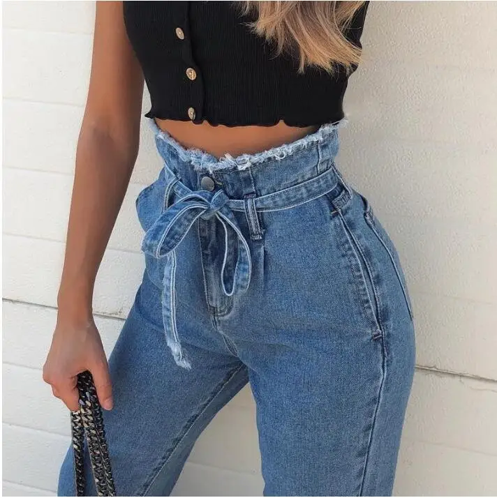 

High Waist Jeans Women Sexy Bandage Skinny Denim Harem Pants Female Blue Black Vintage Zipper Thin Legs Girls Jeans