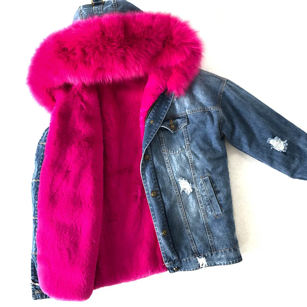 Women Denim Jacket With Fur hood Women Autumn Winter Denim Jacket Warm Upset Jacket Vintage Long Sleeve Loose Jeans Coat Outwear - Цвет: hot pink