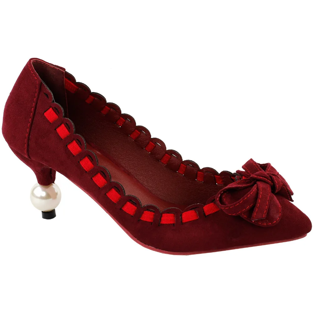 

LF60409 Wine Red Ruffle Bow Stiletto Heels Bridal Evening Pointed Toe Pearl Heel Pumps