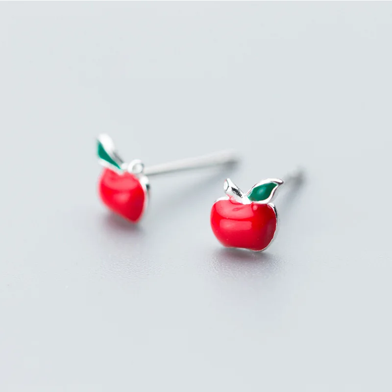 

Solid 925 Sterling Silver Stud Earrings for Women Red Apple Fruit Ear Piercing Small Earring for Girl Kid Korean Stylish Jewelry