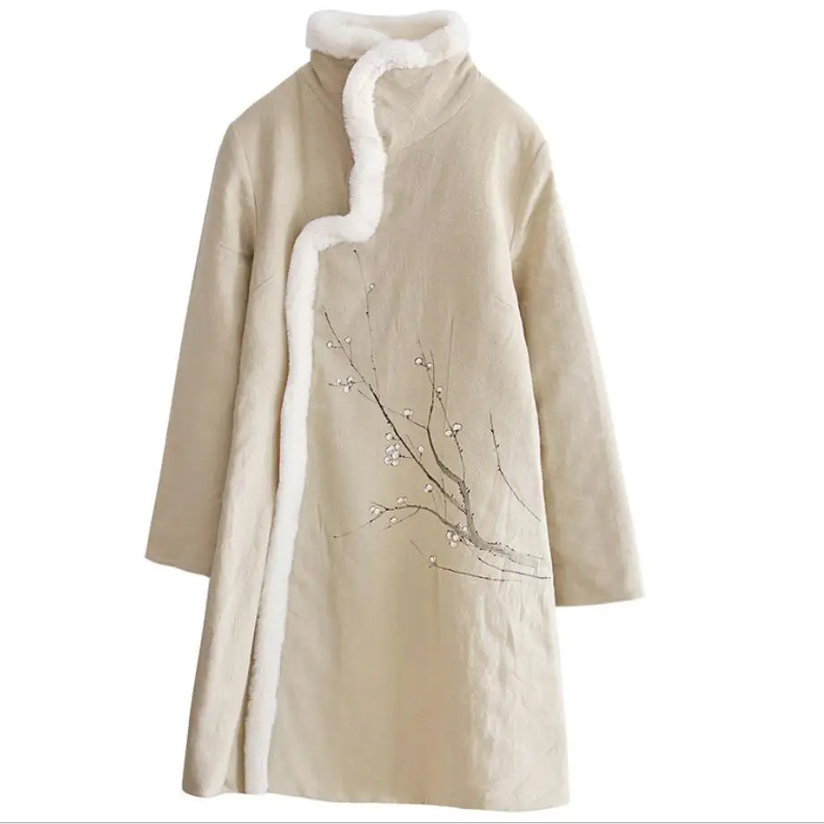 

linen Hand Painted Chinese National Style Female Elegant Long Cotton Padded Clothes Plus Size 2019 Winter Jacket coat