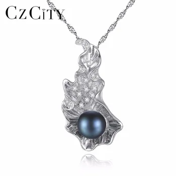 

CZCITY Luxury Heavy 925 Sterling Silver Women Chain Necklace Freshwater Pearl Pendant Statement Necklace Wedding Fine Jewelry