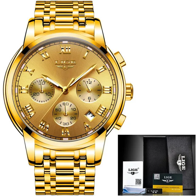 Мужские часы LIGE, новые военные Роскошные брендовые часы, мужские кварцевые часы из нержавеющей стали, мужские модные часы с хронографом, Relogio Masculino - Цвет: S-all gold