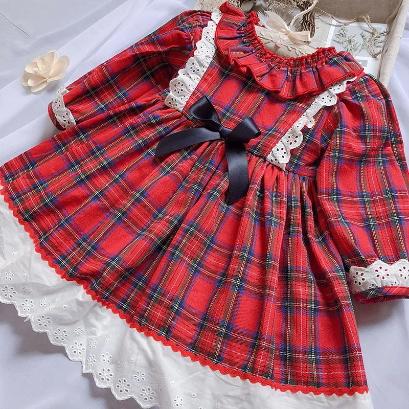 6336 Рождество красный плед оборками Принцесса платья для маленьких девочек осень-зима Детские платья для девочек Одежда для девочек 6 P