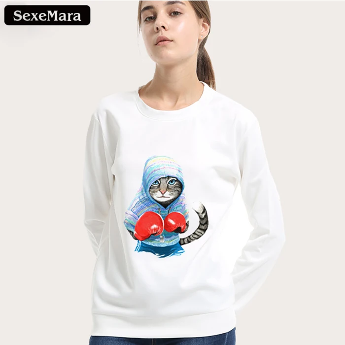 SexeMara 100% Cotton Women Winter Kawaii Tops Boxinger Cat Fashion 3D Print Hipster Swearshirt Female Shirts Plus Size WY034 Hoodies