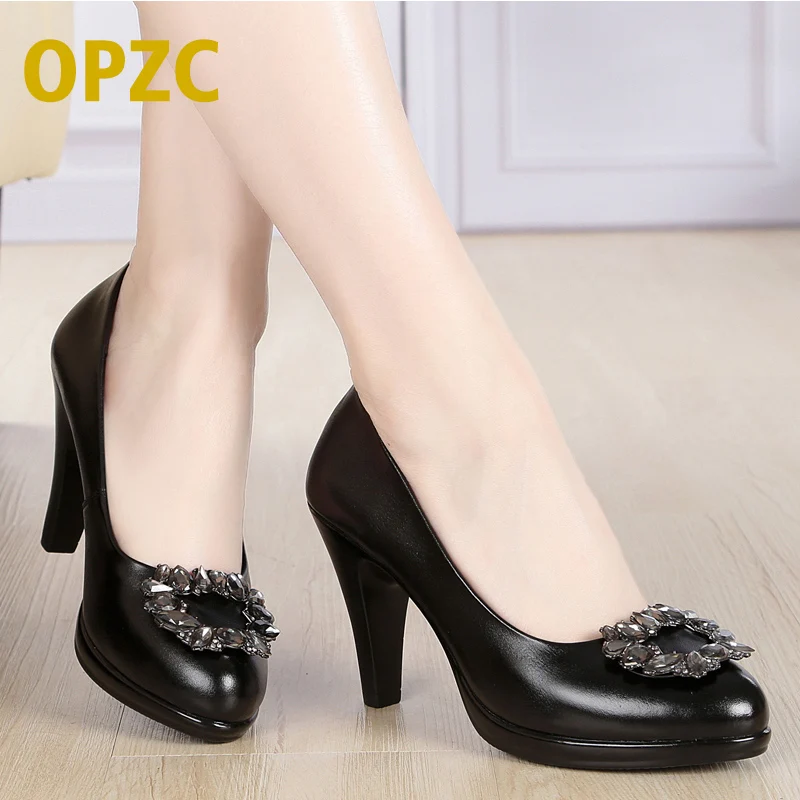

OPZC new genuine leather woman high heels shoes, pumps spring crystal elegant, for party dinner platform shoes women Fashion